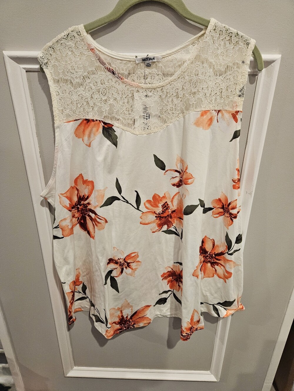 Notebuk cream, peach, orange & green floral sleeveless shirt with Lace. Size 3XL